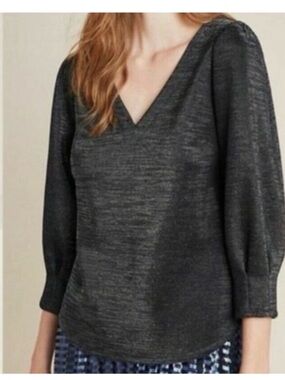 RO & DE Anthropologie Cassidy Silver Shimmer Puff Sleeve Blouse Size XL NWT!